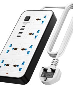 Duravel Universal Extension Lead/Cord with Multiple Functions, UK 3-Pin Plug Socket with 6 Outlets | 3 USB Ports | 1 Type-C Cable Port, 2M Power Strip for Home, Kitchen, and Office (WHITE)