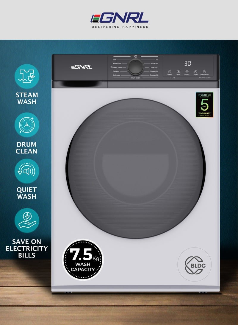 EGNRL 7.5KG Front Load Washing Machine 2025 Model, EGWMFL800, With Inverter BLDC Motor 5 Year Warranty, 5 STAR Energy & Water Consumption, 1200 RPM, 12 Programs (1 Year Brand Warranty) 7.5 kg 1600 W EGWMFL800 White