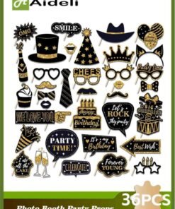 Aideli 36-Pcs Party Photo Booth Props Set in Black Gold - Selfie Frames for Birthday, Holiday, Wedding & Bachelorette Parties