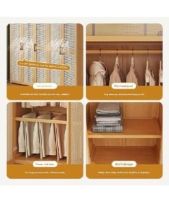 NKX Rattan Panel Wooden Wardrobe 3 Door Freestanding Closet Organizer with Hanging Rod & Shelves Size 160ccm 90cm 42cm