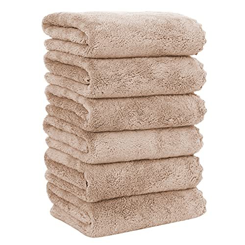 MOONQUEEN 6 Pack Premium Hand Towels - Quick Drying - Microfiber Coral Velvet Highly Absorbent Towels - Multipurpose Use as Hotel, Bathroom, Shower, Spa, Hand Towel 16 x 28 inches (Brown)