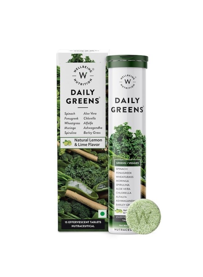 WELLBEING NUTRITION Daily Greens (15 Effervescent Tablets) | Wholefood Multivitamins with Vitamin C, Zinc, B6 for Immunity & Detox with Organic Certified Plant Superfoods & Antioxidants - Pack of 1