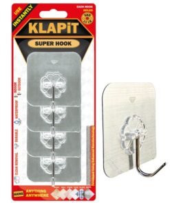 KLAPiT SUPER HOOK - Heavy Duty Adhesive Wall Hooks, Silver, 4pc - Holds Up To 5Kg - Waterproof, Damage-Free Removal
