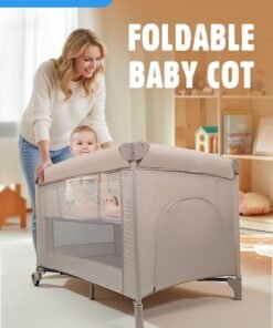 Soft Touch 2 In 1 Baby Crib, Portable Toddler Playard, Foldable Baby Cot Travel Crib, Featuring Breathable Mesh Sides, Nursery Center for Infant with Carry Bag (Beige)
