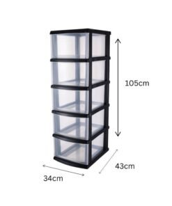 Marcolo 5-Layer Black Plastic Storage Drawers Cabinet with Wheels – Multi-Purpose Organizer with 5 Spacious Pull-Out Drawers – Durable Storage Unit for Clothes, Toys, Office & Home - Image 3