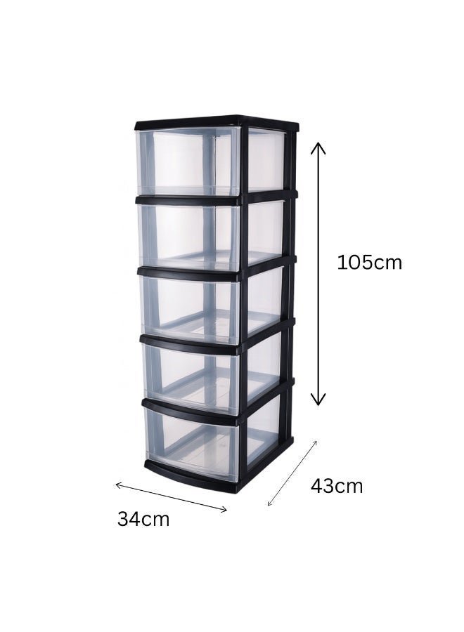 Marcolo 5-Layer Black Plastic Storage Drawers Cabinet with Wheels – Multi-Purpose Organizer with 5 Spacious Pull-Out Drawers – Durable Storage Unit for Clothes, Toys, Office & Home - Image 3