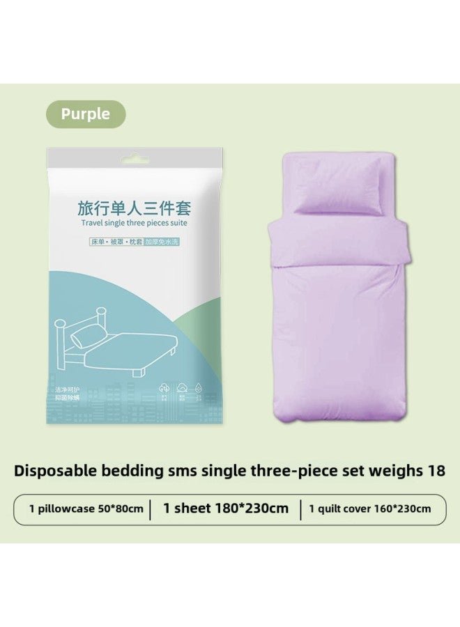 Hotel Disposable Bed Sheet Four-piece Quilt Cover Pillowcase Quilt Cover Travel Travel Double Bed Supplies Dirty Thickened-Color:Single Purple Three-piece Set