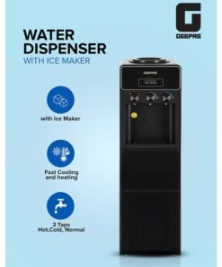 GEEPAS Water Dispenser with Ice Maker | 3 Taps Hot, Cold & Normal 630 W |  2-in-1 Function, 10kg Ice Capacity | Stainless Steel Tank, Child Lock  | GIM17042 Black GIM17042 Black