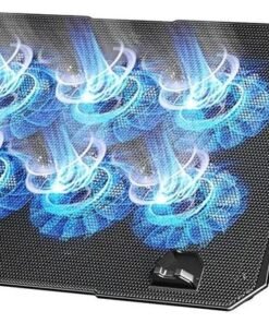 ICE COOREL Laptop Cooling Pad with Phone Holder, 6 Quiet Fans for 12-18 Inch Gaming & Work Laptops, Adjustable Height Bracket, 2 USB Ports, Blue LED, Ergonomic Laptop Cooler Stand
