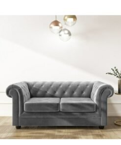 Maharat Al Bahar 2 Seat Chesterfield Tufted Jewel Toned Velvet Sofa With Scroll Arms, Grey 160x90x80