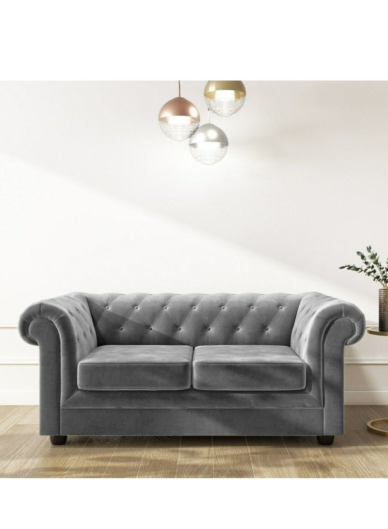 Maharat Al Bahar 2 Seat Chesterfield Tufted Jewel Toned Velvet Sofa With Scroll Arms, Grey 160x90x80