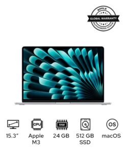 Apple MacBook Air MC9J4 Laptop With 15.3-Inch Display, M3 chip 8-core CPU and 10-core GPU Processor/24GB RAM/512GB SSD/macOS English/Arabic Silver