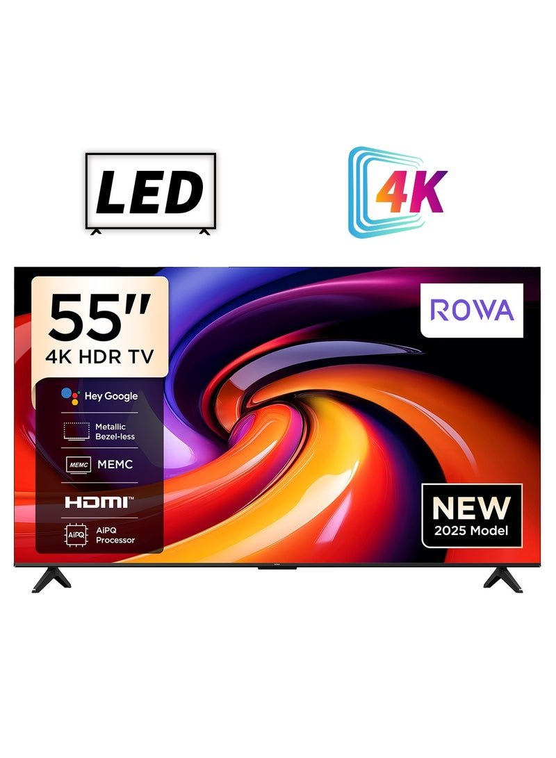 ROWA 55R55 Television 55 Inch Smart TV 4K UHD HDR 10+ Gaming Google TV, Dynamic Color Enhancement, Dolby Vision Atmos, MEMC, Voice Control, Game Master with Slim Design (2025 Model) 55R55 black