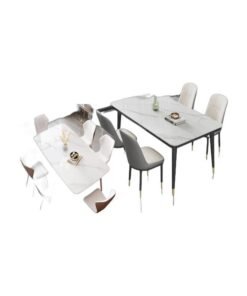 fashionhome Modern Multipurpose Industrial Standard Rectangle Sintered Stone Dining Table Sets Bundle – Includes 140×80×75 cm Sintered Stone Table with 6 Curved Ergonomic Chairs (43×54×84 cm) and 120×60×75 cm Artificial Sintered Stone Rock Plate Table with 4 Concave Curve Chairs (40×42×86 cm) for Kitchen, Dining Room, or Restroom Use.