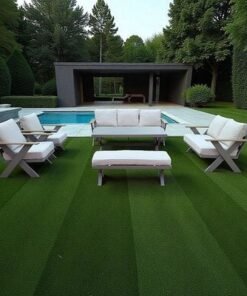 9-Seater Cross Legs Light Grey Aluminium Garden Sofa with Big Table Wooden Color Arm Rests