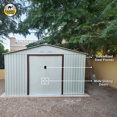 CamelTough Outdoor Metal Storage Shed, 11.2x10.6 feet, Garden Metal Shed Beige, CT-644