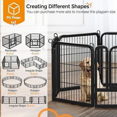 Dog Playpen Indoor Outdoor, Metal Pet Exercise Fence, Multiple Configurable Shapes, Heavy Duty Pen for Dogs (Black, 65x80cm, 8)