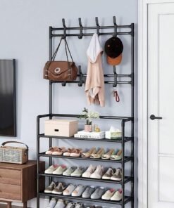 Alternative view of YOMA Shoe Racks Storage , Coat and Shoe Rack , Coat Rack with Shoe Storage , Upgrade 5 Tier Shoe Rack , Black Shoe Rack , Shoe Storage Organizer , Shoe Shelf with 8 Hooks for Bedroom , Hallway , Office 80 X 29.5 X 172 CM