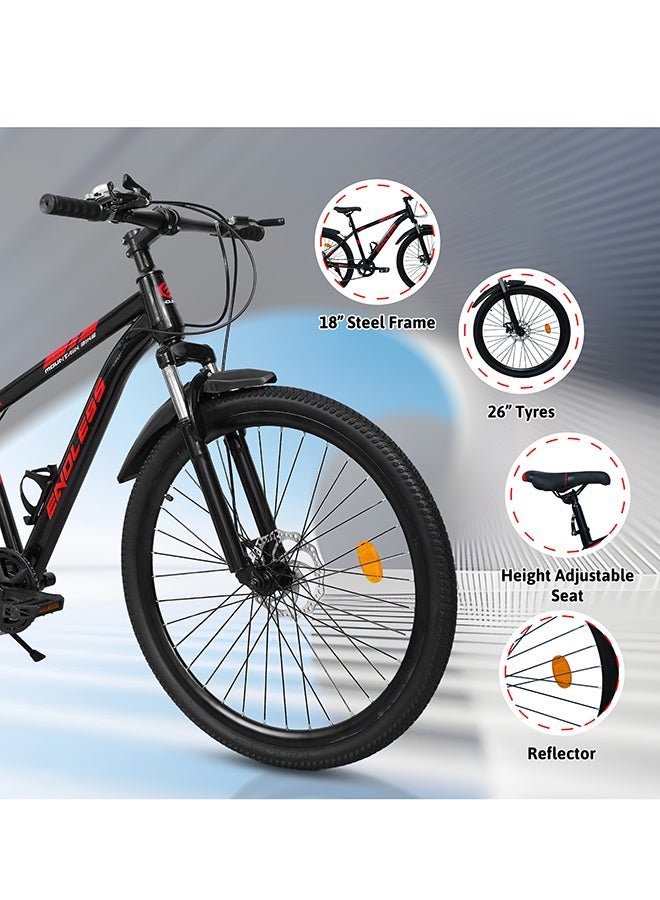 ENDLESS High Carbon Steel Mountain Bike|18 Inch Frame Size | 27.5 Inch Wheel Size | 7 Speed Shimano Gear | Dual Disc Brakes | Bike For Men & Women | Black Red Color - Image 3