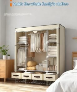 Alternative view of MissTiara Fabric Wardrobe Clothes Storage Closet with Four Drawer Zipper Foldable Non-Woven Cover Hanging Rod Freestanding Canvas Garment Organizer Rack for Bedroom Home