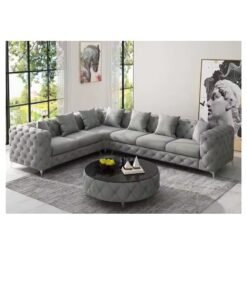 Maharat Al Bahar Grey Luxury L-Shaped Leather Chesterfield Sofa - 6-Seater with Golden Legs - Classic Tufted Design for Elegant Living Rooms