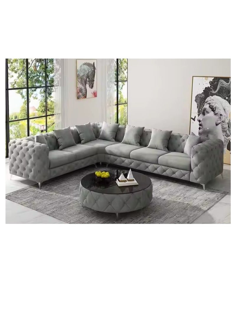 Maharat Al Bahar Grey Luxury L-Shaped Leather Chesterfield Sofa - 6-Seater with Golden Legs - Classic Tufted Design for Elegant Living Rooms