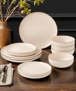 Noon East 12 Piece Porcelain Dinnerware Set, 4x27cm Dinner Plates, 4x19.5cm Side Plates, 4x15.2cm Soup Plates, 4x Bowls | Dishwasher and Microwave Safe | Beige with Brown Rim