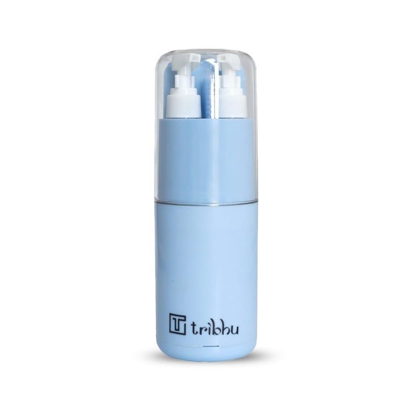 TRIBHU 6-in-1 Travel Essential Kit for Men & Women | Portable Toothbrush & Toothpaste Holder with 2 Liquid Dispensers, Mouthwash Cup & Compact Organizer | All-in-One Toiletry Kit (Sky Blue)