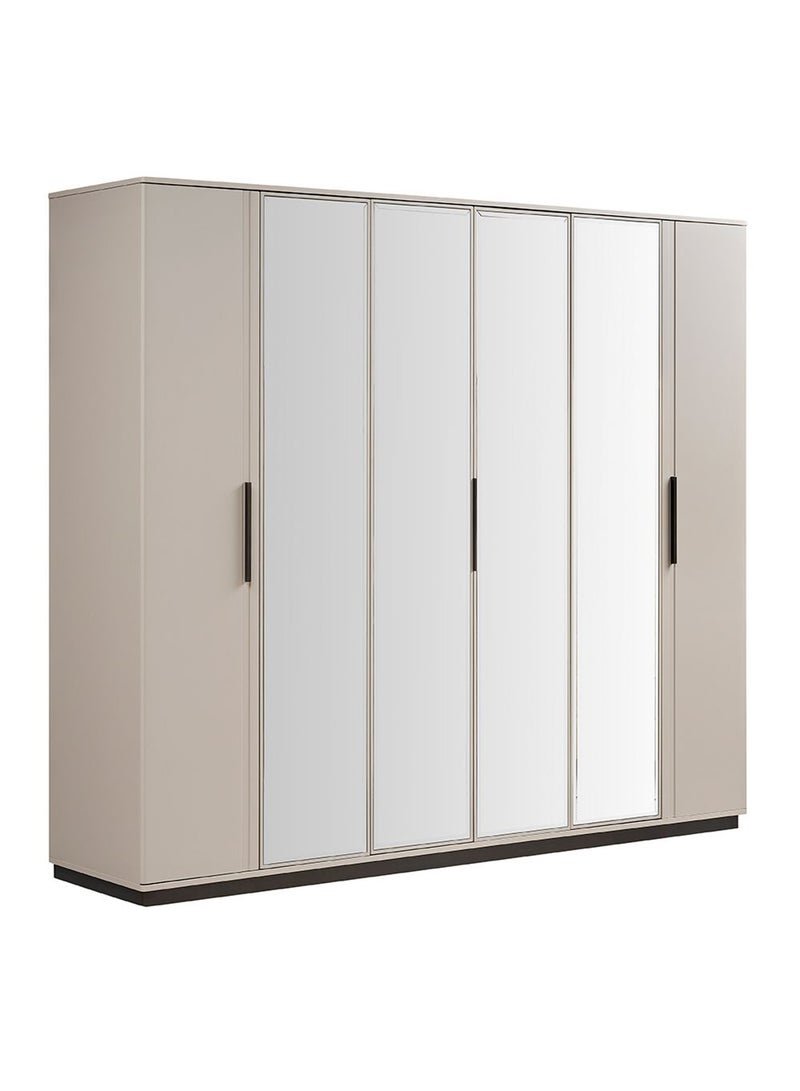 DANUBE HOME Oru 6 Door Wardrobe With 2 Mirror | Sturdy Closet Clothes Storage Cupboard | Modern Design Space Saving Swing Door Cabinet For Bedroom L240xW60xH214.7cm-Beige/Brown