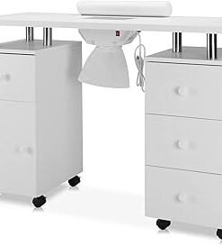 MEISHIDA Manicure Table, Professional Nail Table for Technician Spa Salon Workstation w/Dust Collector, Storage Cabinet, Wrist Rest, Lockable Wheels & Hand Pillow (White）
