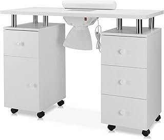 MEISHIDA Manicure Table, Professional Nail Table for Technician Spa Salon Workstation w/Dust Collector, Storage Cabinet, Wrist Rest, Lockable Wheels & Hand Pillow (White)