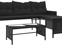 Garden Sofa with Table and Cushions, Outdoor Sofa for Relax, Sectional Sofa for Patio Balcony Terrace, Couch, L-Shaped Black Poly Rattan