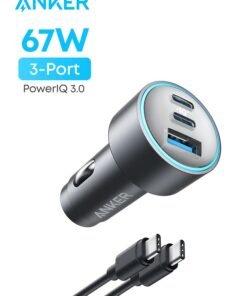 Anker USB-C Car Charger, 67W 3-Port Compact Fast Charger, 535 Car Adapter with PIQ 3.0 for iPhone 17/17 Pro/17 Pro Max, Galaxy S23, iPad Air, and More (USB-C to USB-C Cable Included)