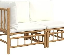 Garden Lounge Set 2 Piece, Modular Sofa with Cream White Cushions, Sofa Set for Patio Terrace Balcony, Outdoor Corner Sofa, Bamboo