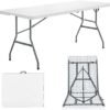 Folding Lightweight Trestle Outdoor Camping Table, Heavy Duty Plastic Outdoor Picnic Table, Folds in Half with Carry Handle, White (150x70x75cm)