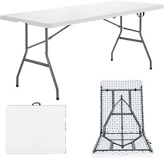 Folding Lightweight Trestle Outdoor Camping Table, Heavy Duty Plastic Outdoor Picnic Table, Folds in Half with Carry Handle, White (150x70x75cm)