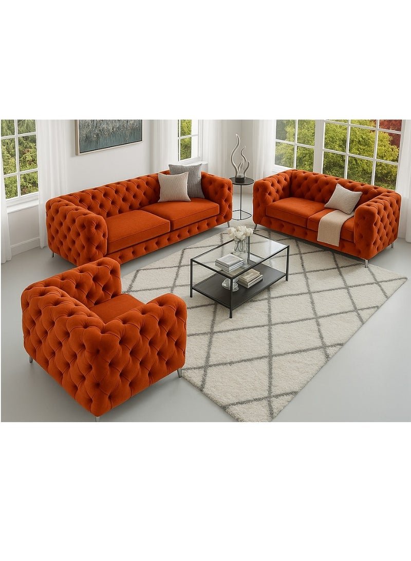Maharat Al Bahar Maharat Furniture Luxury Chesterfield Sofa Set – 3-Piece Orange Tufted Velvet Living Room Set with Armchair, Loveseat & Sofa – Elegant Modern Design with Metal Legs