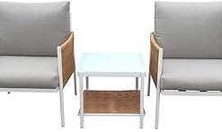 3 Pieces Patio Rattan Bistro Conversation Set, Outdoor All-Weather Wicker Furniture Chairs and Side Table Set for Balcony, Porch and Backyard,White