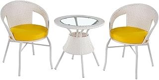 Eden Balcony Set | All Weather 3 Piece Bistro Set with Coffee Table | Modern Garden Design Furniture for Outdoor Bench Seating, Terrace, Lawn, Patio, Balcony (White/Yellow)