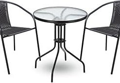 Rattan Bistro Set 2P – Outdoor Table and 2 Chairs, Weather-Resistant Wicker Design, Glass Top Café Set for Balcony, Garden & Patio