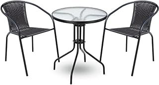 Rattan Bistro Set 2P – Outdoor Table and 2 Chairs, Weather-Resistant Wicker Design, Glass Top Café Set for Balcony, Garden & Patio