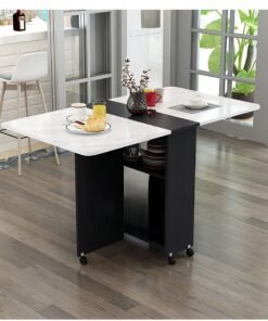 Folding Dining Table Drop Leaf Table with 6 Wheels, Kitchen Table with 2-Layer Storage Shelves, Multifunctional Extension Space Saving Dinner Table for Bedroom Dining Room Home