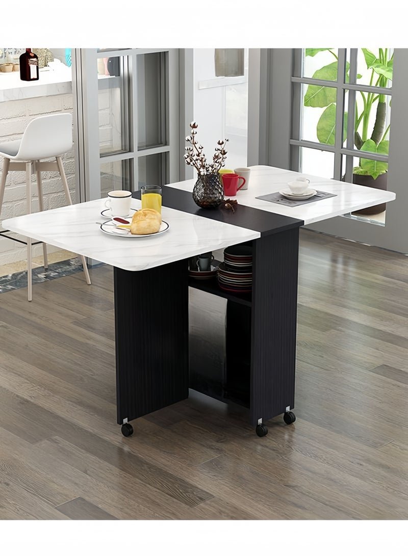 Folding Dining Table Drop Leaf Table with 6 Wheels, Kitchen Table with 2-Layer Storage Shelves, Multifunctional Extension Space Saving Dinner Table for Bedroom Dining Room Home