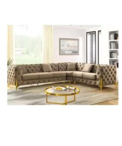 Maharat Al Bahar Luxury L-Shaped Mink Velvet Chesterfield Sofa - 6-Seater with Golden Legs - Timeless Elegance for Modern Living Rooms