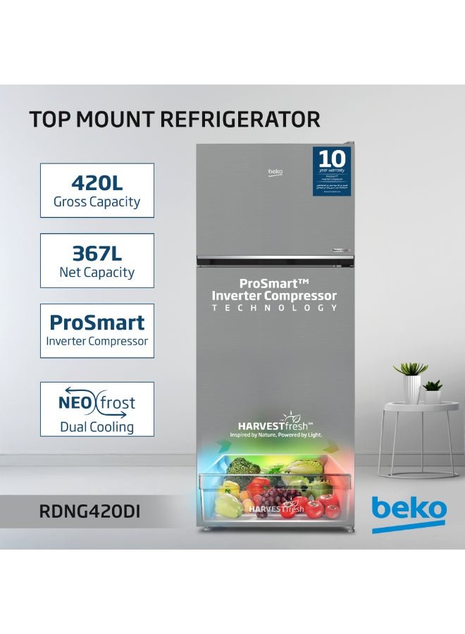 Beko Refrigerator 420 Liters Gross(367 Net) Capacity, Double Door, Top Mount, No Frost, Harvest Fresh Technology, NeoFrost Dual Cooling, Low Noise, CoolRoom, 10 Years Warranty on ProSmart Inverter Compressor - RDNG420DI silver
