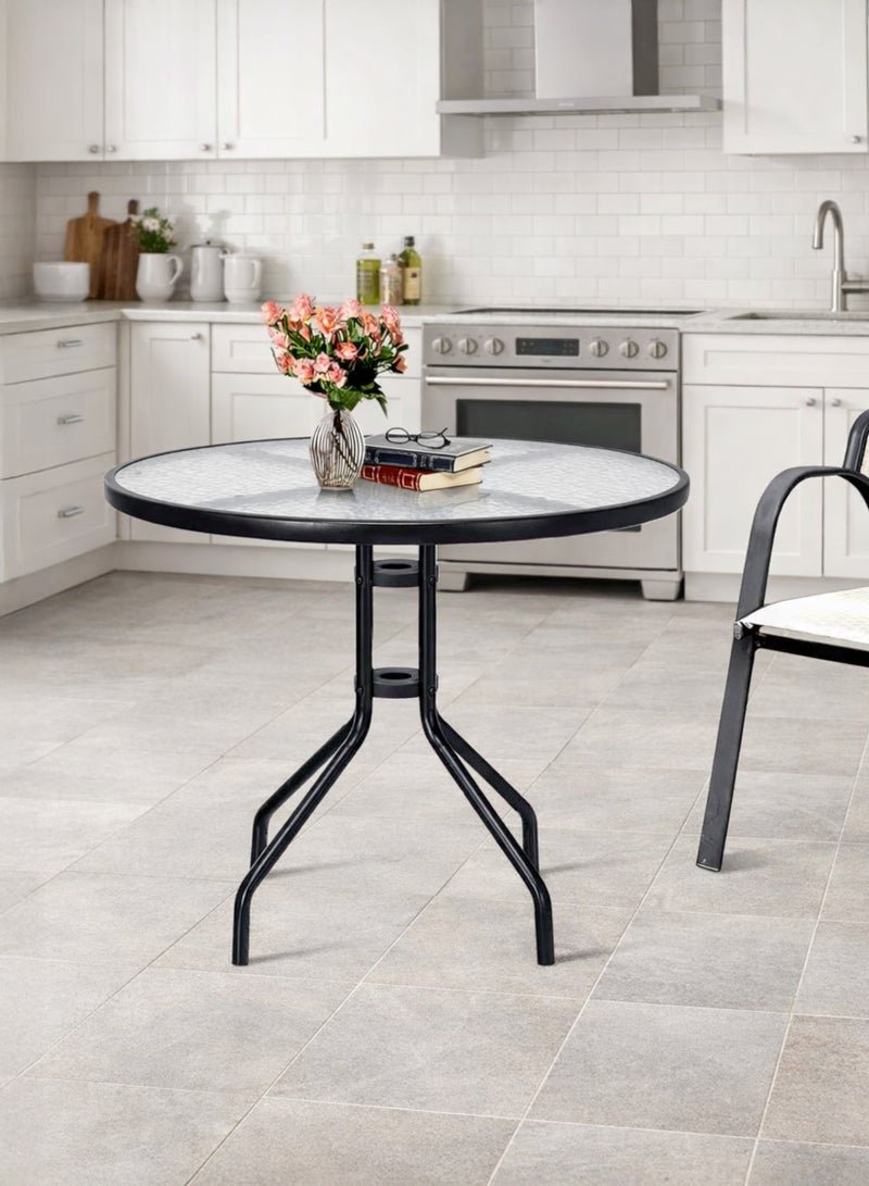 DBLEW Round Glass Table with Water Ripple Top and Metal Frame – Ideal for Patio, Backyard, Balcony, Garden, Lawn, Terrace, Porch, Deck, Poolside, Kitchen, Dining Area, Living Room, Café & Coffee Shops, 60×70 cm