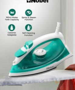 Nobel Powerful Steam Iron With Ceramic Sole Plate, Dry Ironing, Adjustable Thermostat, 160ml Water Tank, 360° Swivel Cord, Overheat Protection, Spray & Steam Functions, Self-Cleaning 160 ml 1400 W NSI23 Green/White