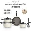 Delici 8 Pcs Forged Granit Forged Aluminum Cookware Set (NFCS8BG) – Granite Finish Interior, Tempered Glass Lids, Induction Base, Stylish Black Bakelite Handles, Brown PTFE Coating with White Dots, Beige Heat-Resistant Exterior, Strong Welded Connection – Saucepan, Casseroles, Frypan & Nylon Spatula