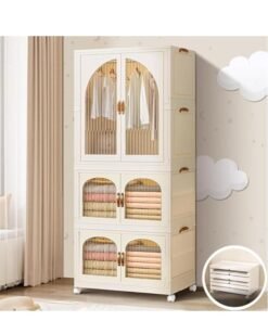 3 Layer Stackable Closet Wardrobe, Multifunctional Storage Cabinet Clothes Organizer with Door and Wheels, Foldable Plastic Storage Bins Baby Clothes Cabinet Storage Box for Home Office Kitchen and Bedroom (3 Layer, A＋2B)