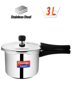 Prestige Popular Stainless Steel Pressure Cooker,Durable Induction Compatible Cooker with Polished Surface For Quick Heating Silver 3Liters